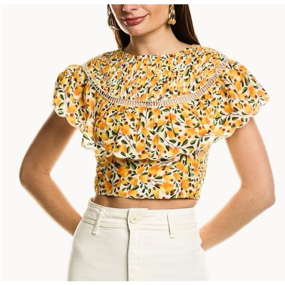 FARM RIO Cashew Shirred Ruffle Top XS Off-white Yellow Crop Smocked